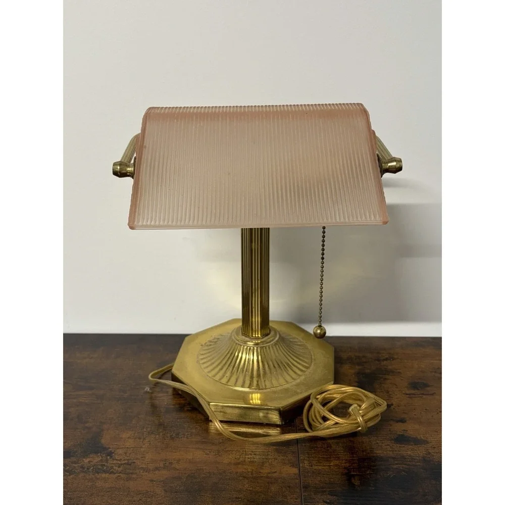 Vintage Ribbed Glass Shade Brass Bankers Desk Lamp Piano Light Art Deco AS IS
